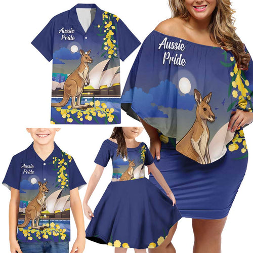 Kangaroo Australia Personalised Family Matching Off Shoulder Short Dress and Hawaiian Shirt Aussie Pride Golden Wattle Sydney Opera House