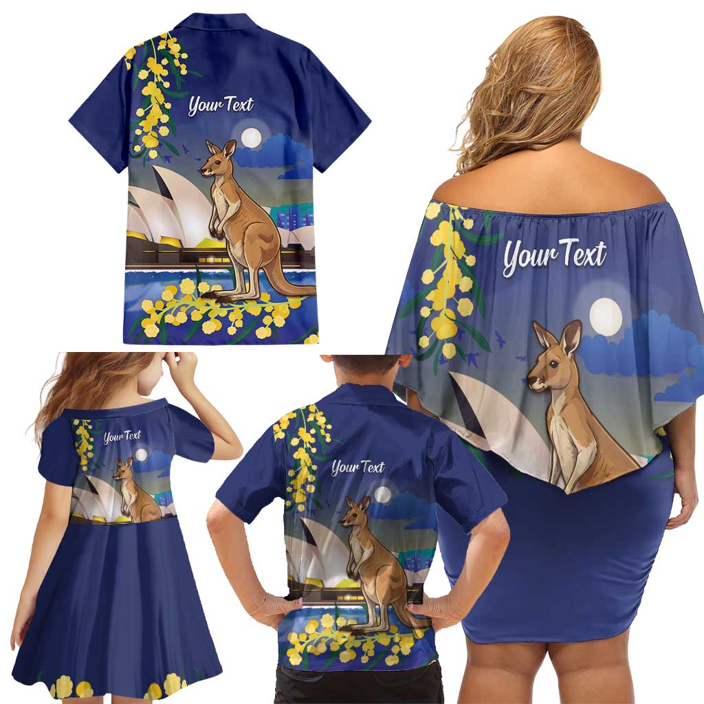 Kangaroo Australia Personalised Family Matching Off Shoulder Short Dress and Hawaiian Shirt Aussie Pride Golden Wattle Sydney Opera House