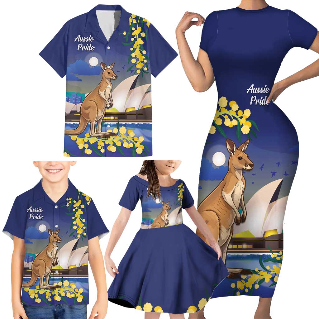 Kangaroo Australia Personalised Family Matching Short Sleeve Bodycon Dress and Hawaiian Shirt Aussie Pride Golden Wattle Sydney Opera House