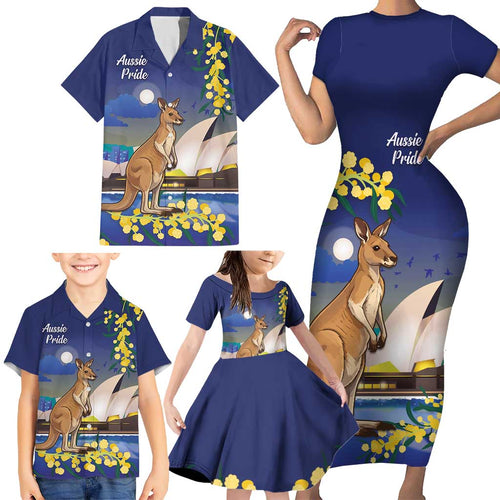 Kangaroo Australia Personalised Family Matching Short Sleeve Bodycon Dress and Hawaiian Shirt Aussie Pride Golden Wattle Sydney Opera House
