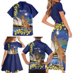 Kangaroo Australia Personalised Family Matching Short Sleeve Bodycon Dress and Hawaiian Shirt Aussie Pride Golden Wattle Sydney Opera House