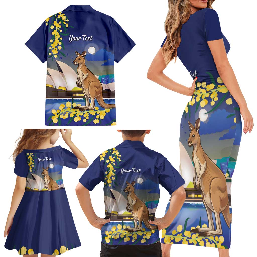 Kangaroo Australia Personalised Family Matching Short Sleeve Bodycon Dress and Hawaiian Shirt Aussie Pride Golden Wattle Sydney Opera House