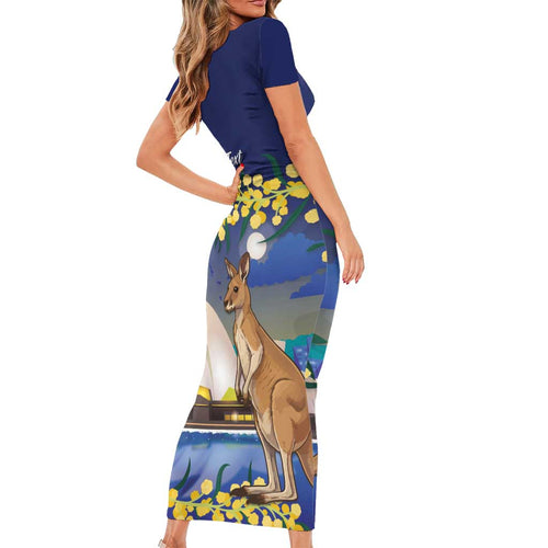 Kangaroo Australia Personalised Family Matching Short Sleeve Bodycon Dress and Hawaiian Shirt Aussie Pride Golden Wattle Sydney Opera House