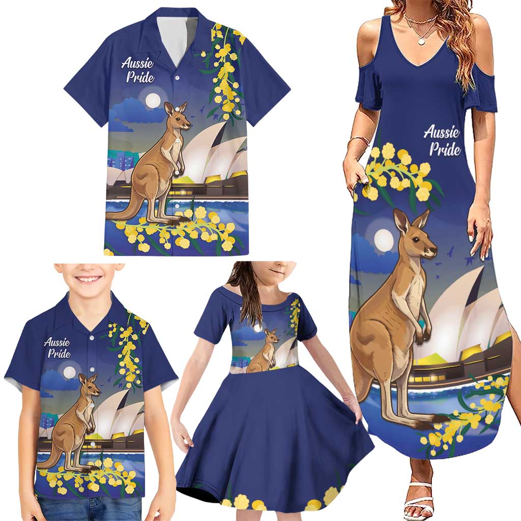 Kangaroo Australia Personalised Family Matching Summer Maxi Dress and Hawaiian Shirt Aussie Pride Golden Wattle Sydney Opera House