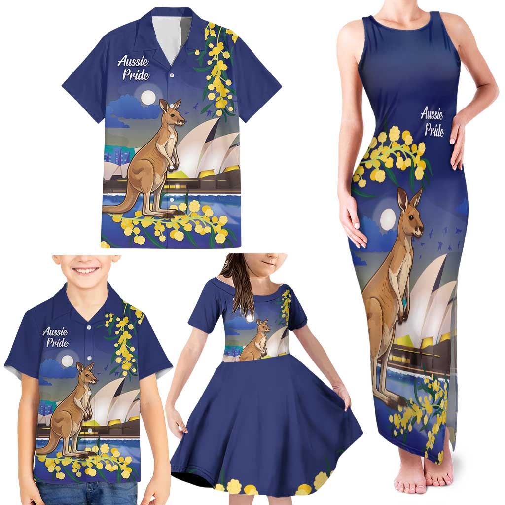 Kangaroo Australia Personalised Family Matching Tank Maxi Dress and Hawaiian Shirt Aussie Pride Golden Wattle Sydney Opera House