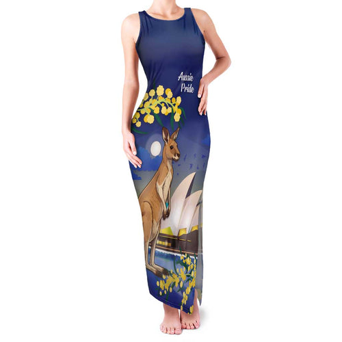 Kangaroo Australia Personalised Family Matching Tank Maxi Dress and Hawaiian Shirt Aussie Pride Golden Wattle Sydney Opera House