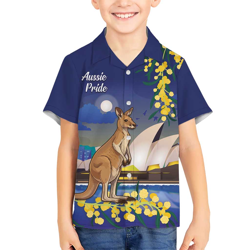 Kangaroo Australia Personalised Kid Hawaiian Shirt Aussie Pride Golden Wattle Sydney Opera House
