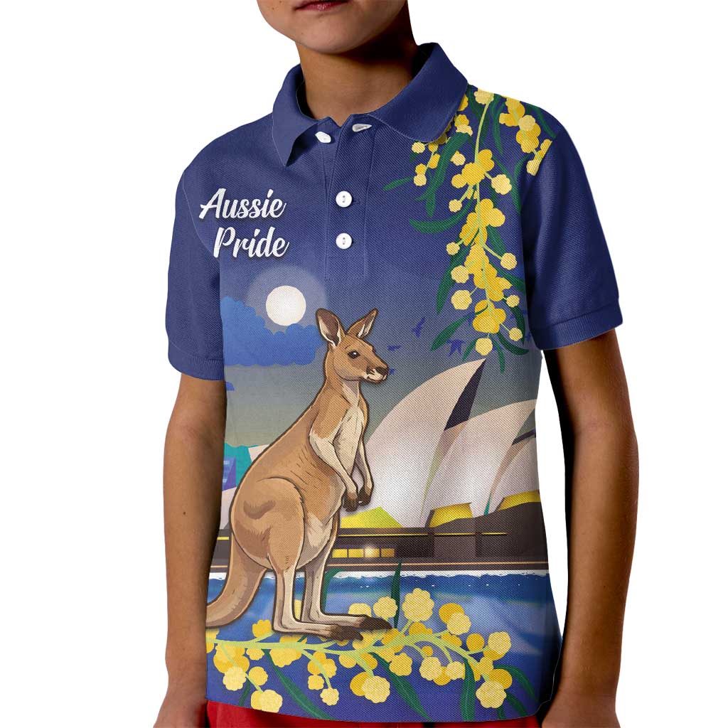 Kangaroo Australia Personalised Kid Polo Shirt Aussie Pride Golden Wattle Sydney Opera House