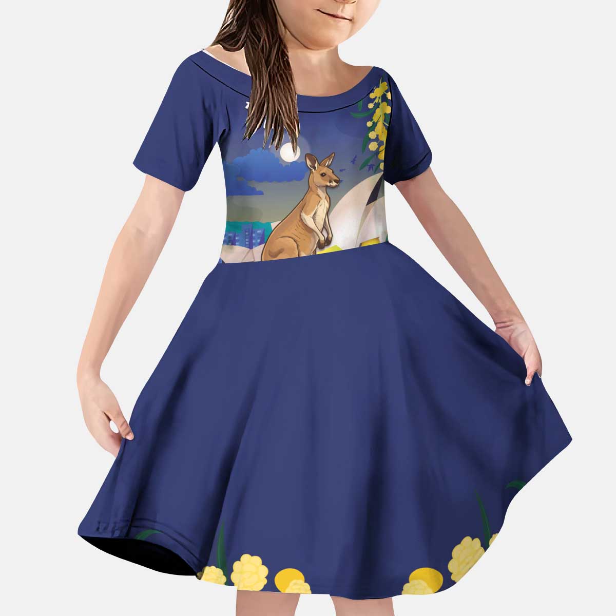 Kangaroo Australia Personalised Kid Short Sleeve Dress Aussie Pride Golden Wattle Sydney Opera House