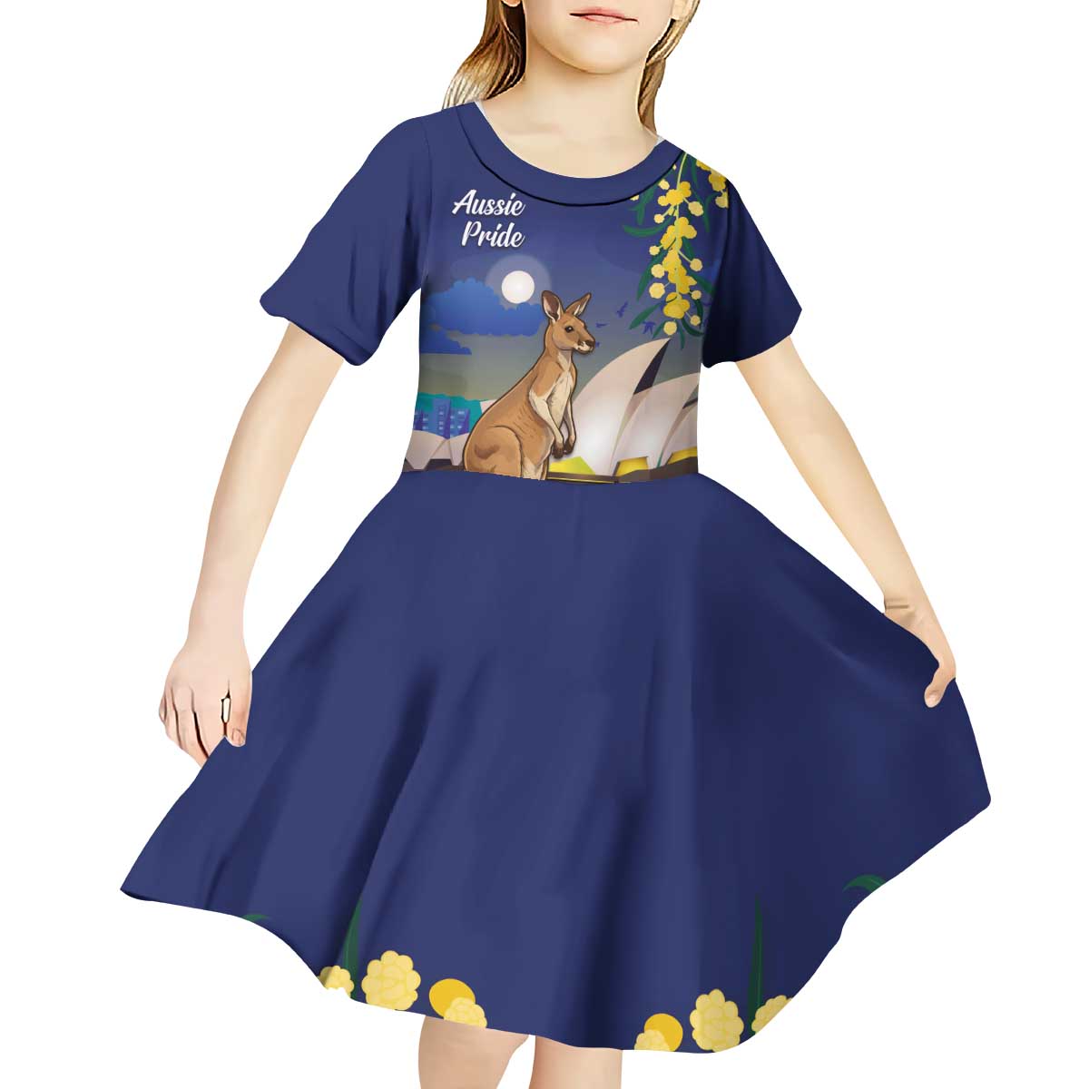 Kangaroo Australia Personalised Kid Short Sleeve Dress Aussie Pride Golden Wattle Sydney Opera House