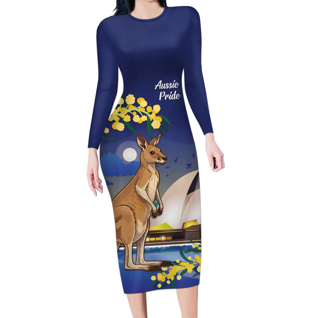 Kangaroo Australia Personalised Long Sleeve Bodycon Dress Aussie Pride Golden Wattle Sydney Opera House