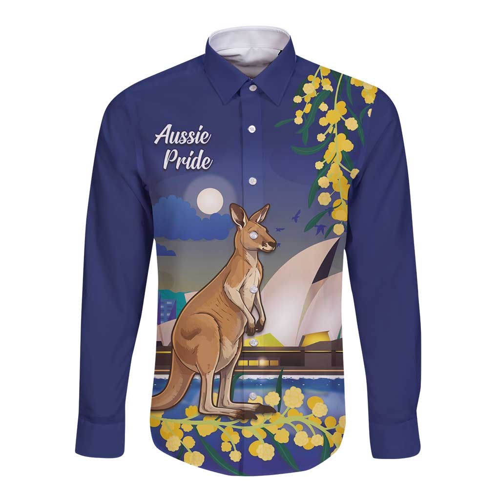 Kangaroo Australia Personalised Long Sleeve Button Shirt Aussie Pride Golden Wattle Sydney Opera House