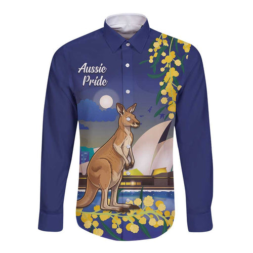 Kangaroo Australia Personalised Long Sleeve Button Shirt Aussie Pride Golden Wattle Sydney Opera House