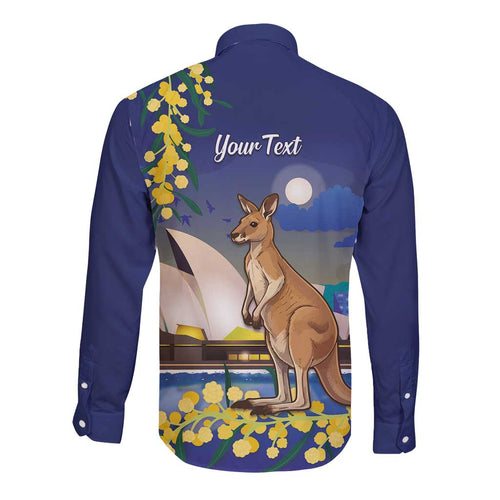 Kangaroo Australia Personalised Long Sleeve Button Shirt Aussie Pride Golden Wattle Sydney Opera House