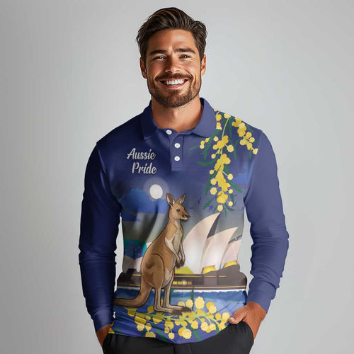 Kangaroo Australia Personalised Long Sleeve Polo Shirt Aussie Pride Golden Wattle Sydney Opera House