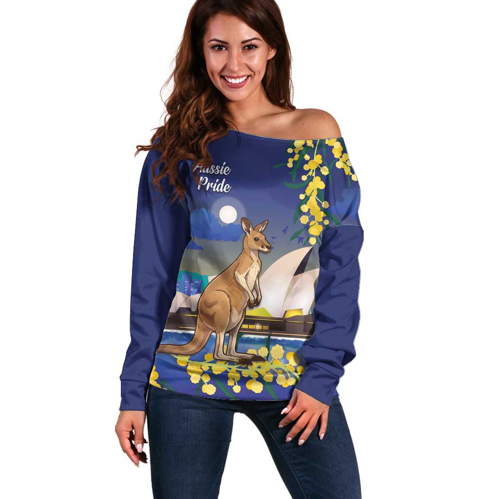 Kangaroo Australia Personalised Off Shoulder Sweater Aussie Pride Golden Wattle Sydney Opera House