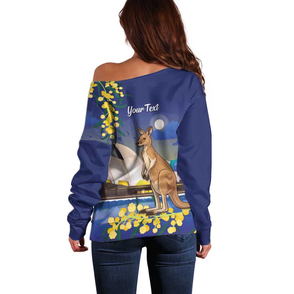 Kangaroo Australia Personalised Off Shoulder Sweater Aussie Pride Golden Wattle Sydney Opera House