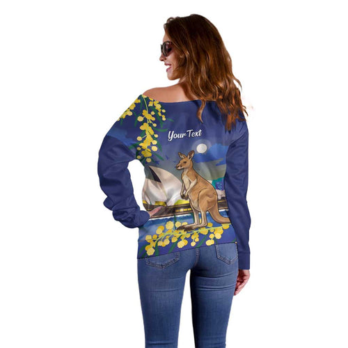 Kangaroo Australia Personalised Off Shoulder Sweater Aussie Pride Golden Wattle Sydney Opera House