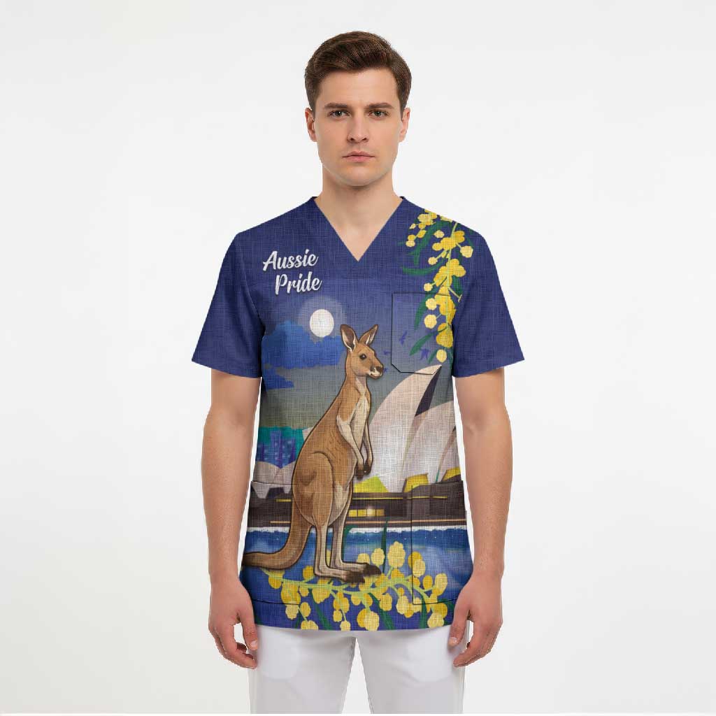 Kangaroo Australia Personalised Scrub Top Aussie Pride Golden Wattle Sydney Opera House