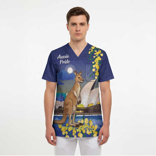 Kangaroo Australia Personalised Scrub Top Aussie Pride Golden Wattle Sydney Opera House