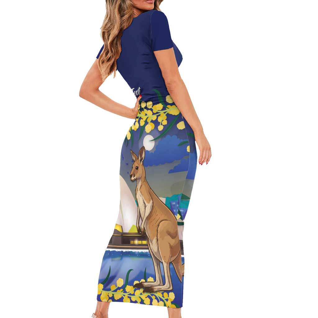 Kangaroo Australia Personalised Short Sleeve Bodycon Dress Aussie Pride Golden Wattle Sydney Opera House