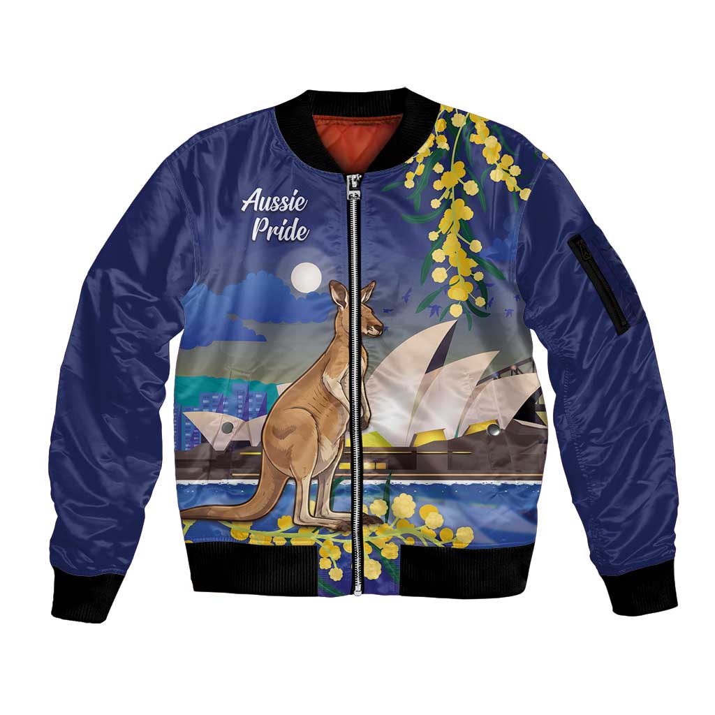 Kangaroo Australia Personalised Sleeve Zip Bomber Jacket Aussie Pride Golden Wattle Sydney Opera House