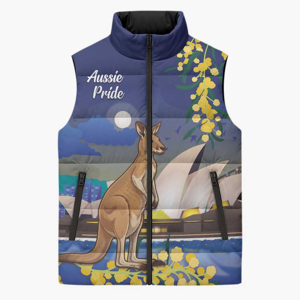 Kangaroo Australia Personalised Sleeveless Puffer Jacket Aussie Pride Golden Wattle Sydney Opera House