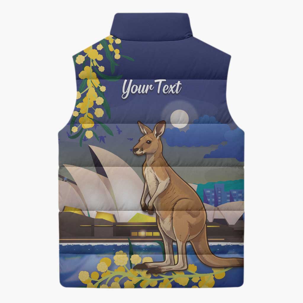 Kangaroo Australia Personalised Sleeveless Puffer Jacket Aussie Pride Golden Wattle Sydney Opera House