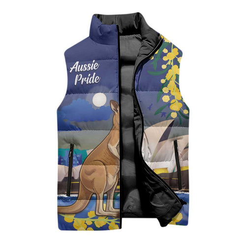 Kangaroo Australia Personalised Sleeveless Puffer Jacket Aussie Pride Golden Wattle Sydney Opera House
