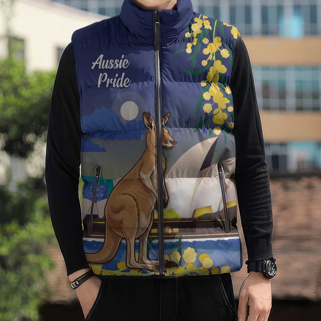 Kangaroo Australia Personalised Sleeveless Puffer Jacket Aussie Pride Golden Wattle Sydney Opera House