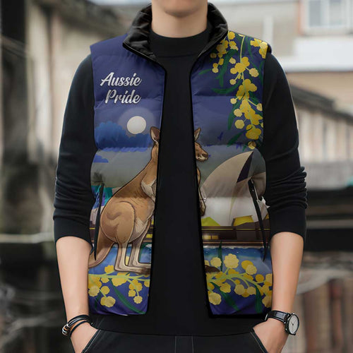 Kangaroo Australia Personalised Sleeveless Puffer Jacket Aussie Pride Golden Wattle Sydney Opera House