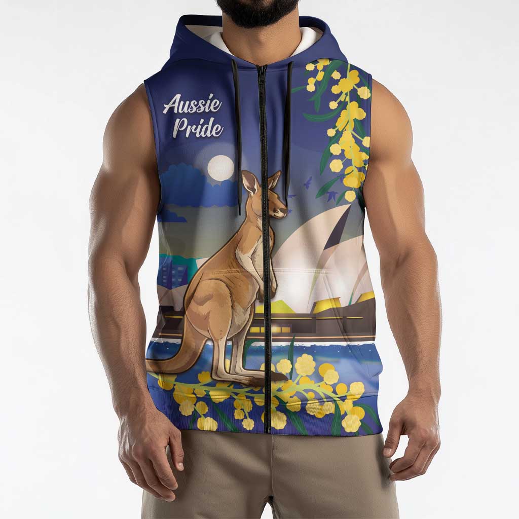 Kangaroo Australia Personalised Sleeveless Zip Hoodie Aussie Pride Golden Wattle Sydney Opera House