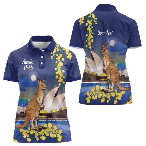 Kangaroo Australia Personalised Women Polo Shirt Aussie Pride Golden Wattle Sydney Opera House