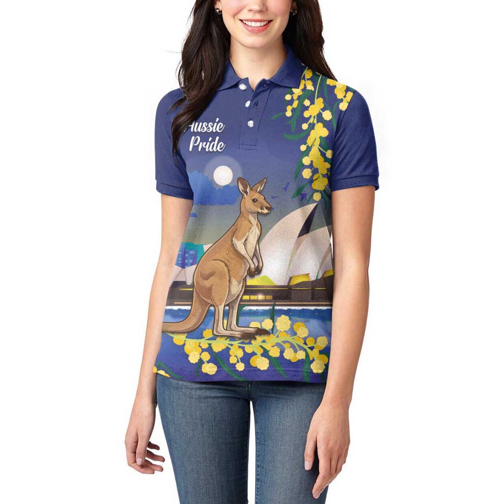Kangaroo Australia Personalised Women Polo Shirt Aussie Pride Golden Wattle Sydney Opera House