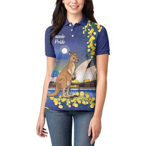 Kangaroo Australia Personalised Women Polo Shirt Aussie Pride Golden Wattle Sydney Opera House
