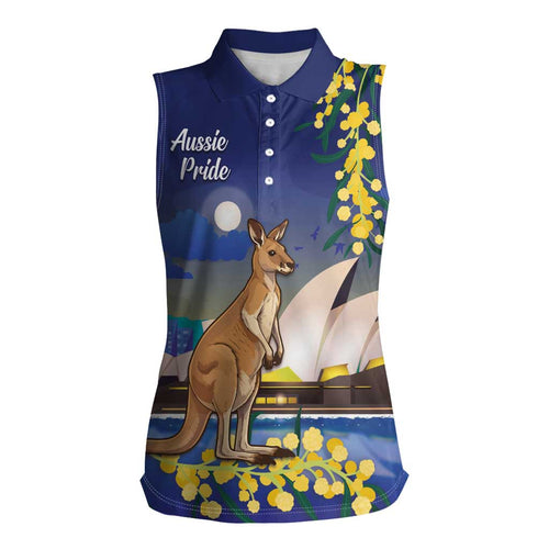Kangaroo Australia Personalised Women Sleeveless Polo Shirt Aussie Pride Golden Wattle Sydney Opera House