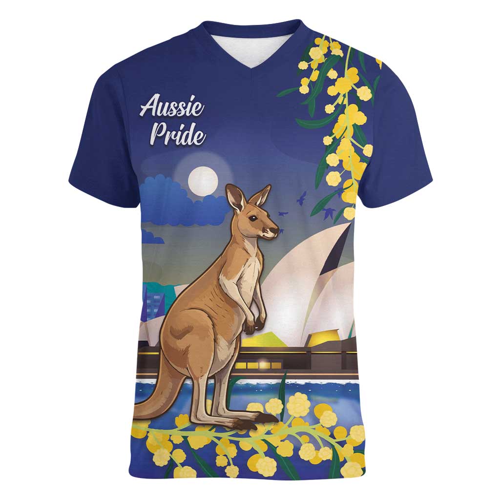 Kangaroo Australia Personalised Women V-Neck T-Shirt Aussie Pride Golden Wattle Sydney Opera House
