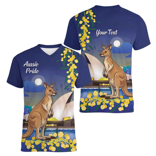 Kangaroo Australia Personalised Women V-Neck T-Shirt Aussie Pride Golden Wattle Sydney Opera House