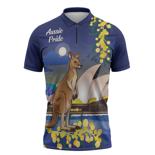 Kangaroo Australia Personalised Zipper Polo Shirt Aussie Pride Golden Wattle Sydney Opera House