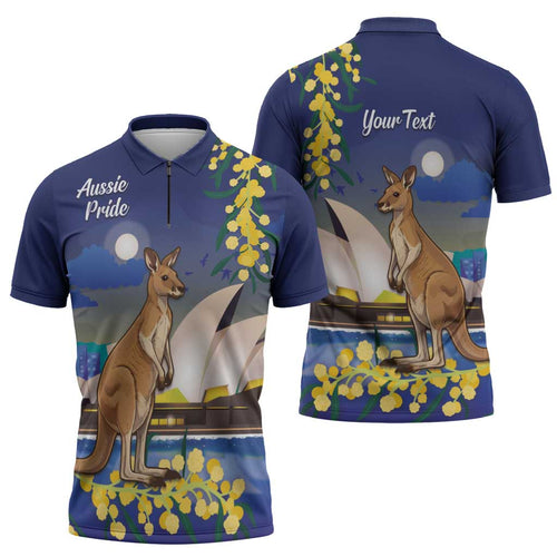 Kangaroo Australia Personalised Zipper Polo Shirt Aussie Pride Golden Wattle Sydney Opera House