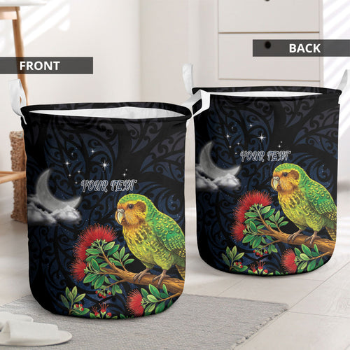 New Zealand Kakapo Matariki Personalised Laundry Basket Pohutukawa Flower Galaxy Maori Pattern