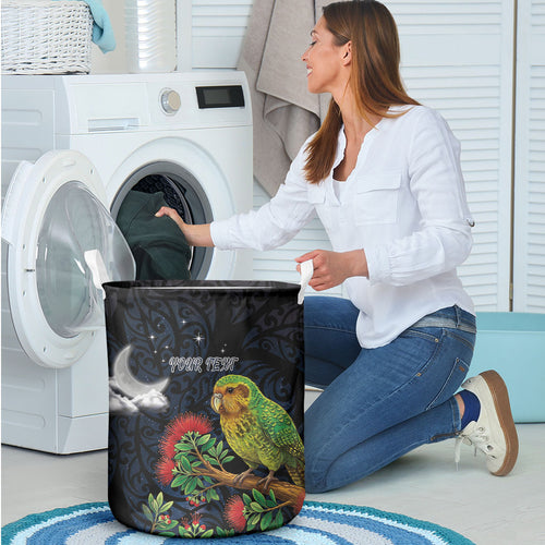 New Zealand Kakapo Matariki Personalised Laundry Basket Pohutukawa Flower Galaxy Maori Pattern