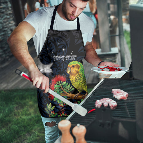 New Zealand Kakapo Matariki Personalised Apron Pohutukawa Flower Galaxy Maori Pattern