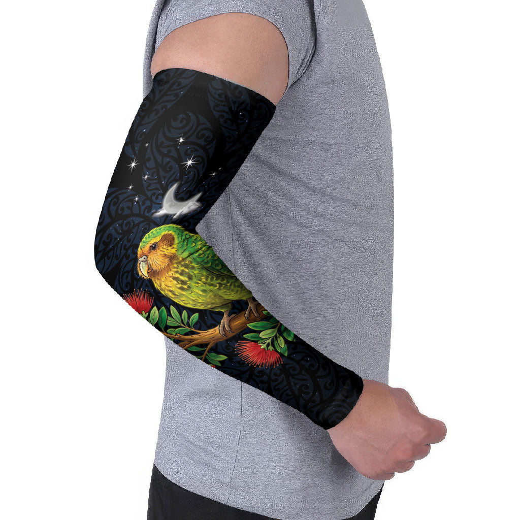 New Zealand Kakapo Matariki Personalised Arm Sleeves Pohutukawa Flower Galaxy Maori Pattern