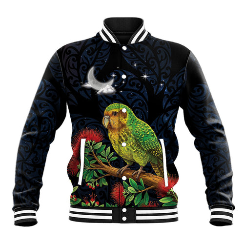 New Zealand Kakapo Matariki Personalised Baseball Jacket Pohutukawa Flower Galaxy Maori Pattern