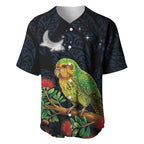 New Zealand Kakapo Matariki Personalised Baseball Jersey Pohutukawa Flower Galaxy Maori Pattern