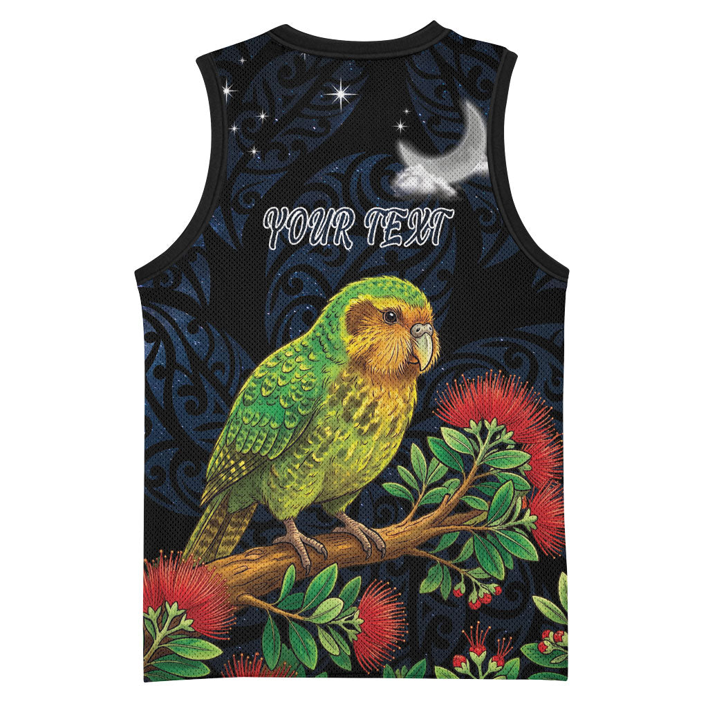 New Zealand Kakapo Matariki Personalised Basketball Jersey Pohutukawa Flower Galaxy Maori Pattern