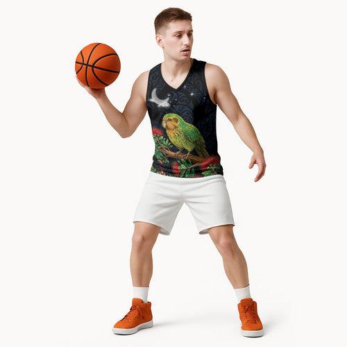 New Zealand Kakapo Matariki Personalised Basketball Jersey Pohutukawa Flower Galaxy Maori Pattern