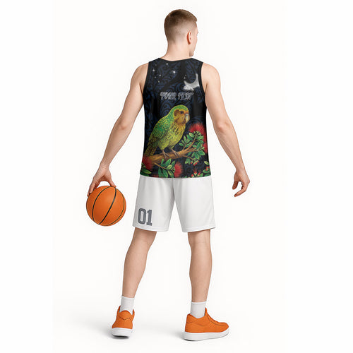 New Zealand Kakapo Matariki Personalised Basketball Jersey Pohutukawa Flower Galaxy Maori Pattern