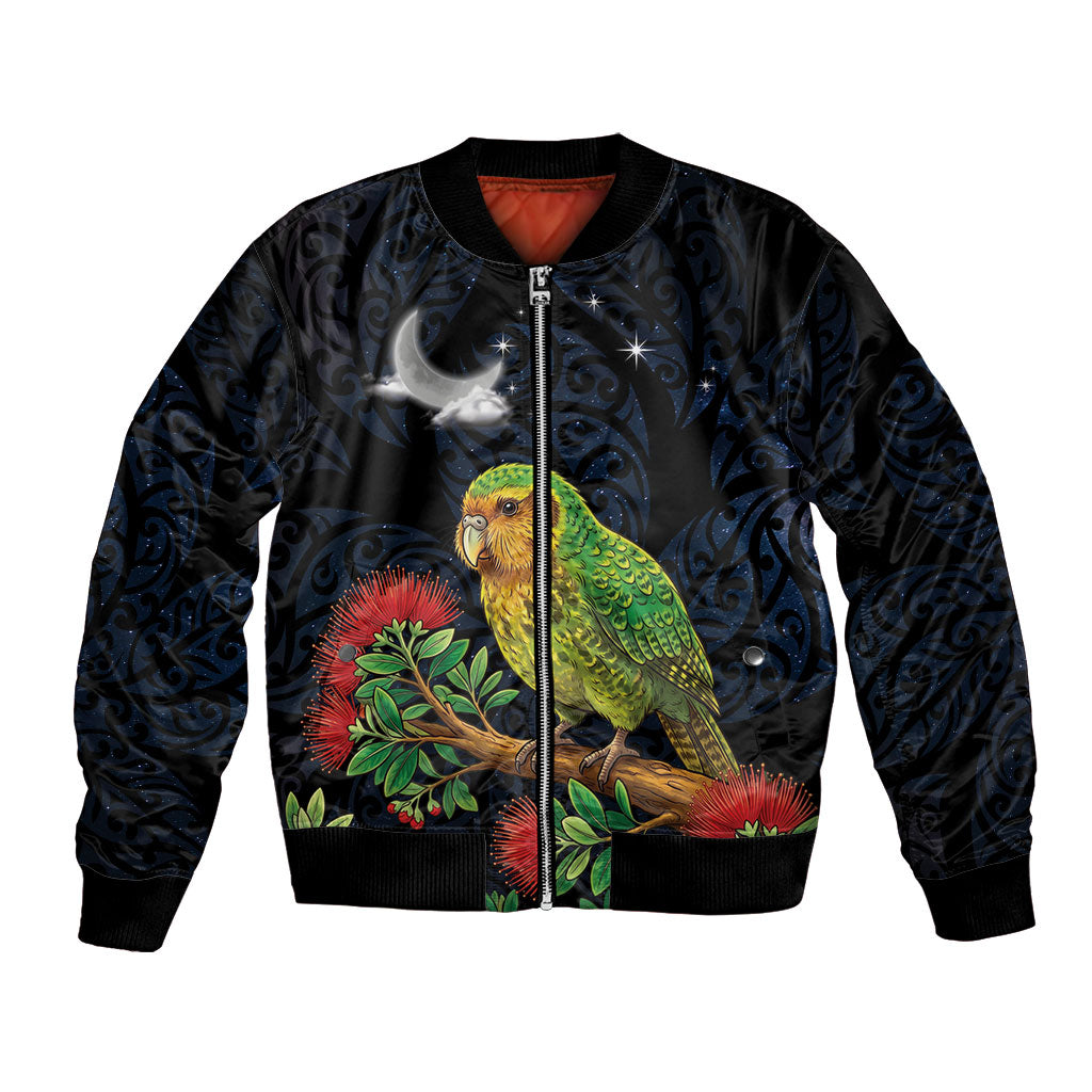 New Zealand Kakapo Matariki Personalised Bomber Jacket Pohutukawa Flower Galaxy Maori Pattern